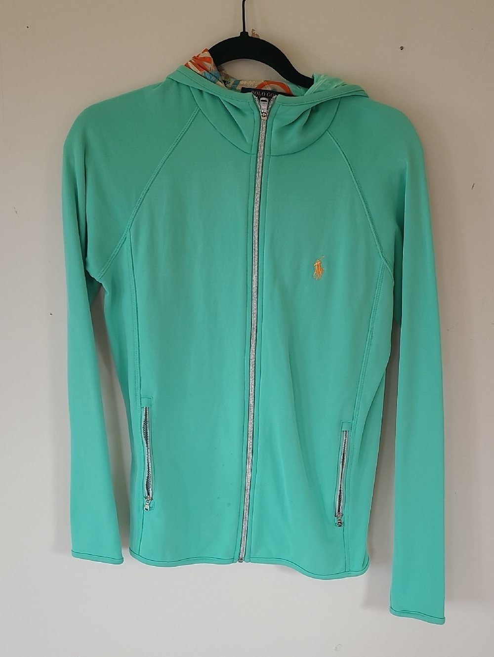 Ralph Lauren Polo Mint Green Hooded Zip Jacket with Orange Pony. L